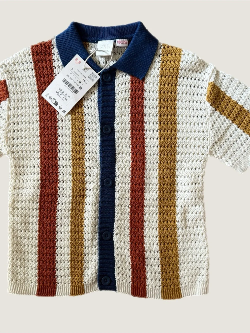 NWT Zara Kids Knit Crochet Polo Shirt in White, Rust, Mustard & Navy 5T